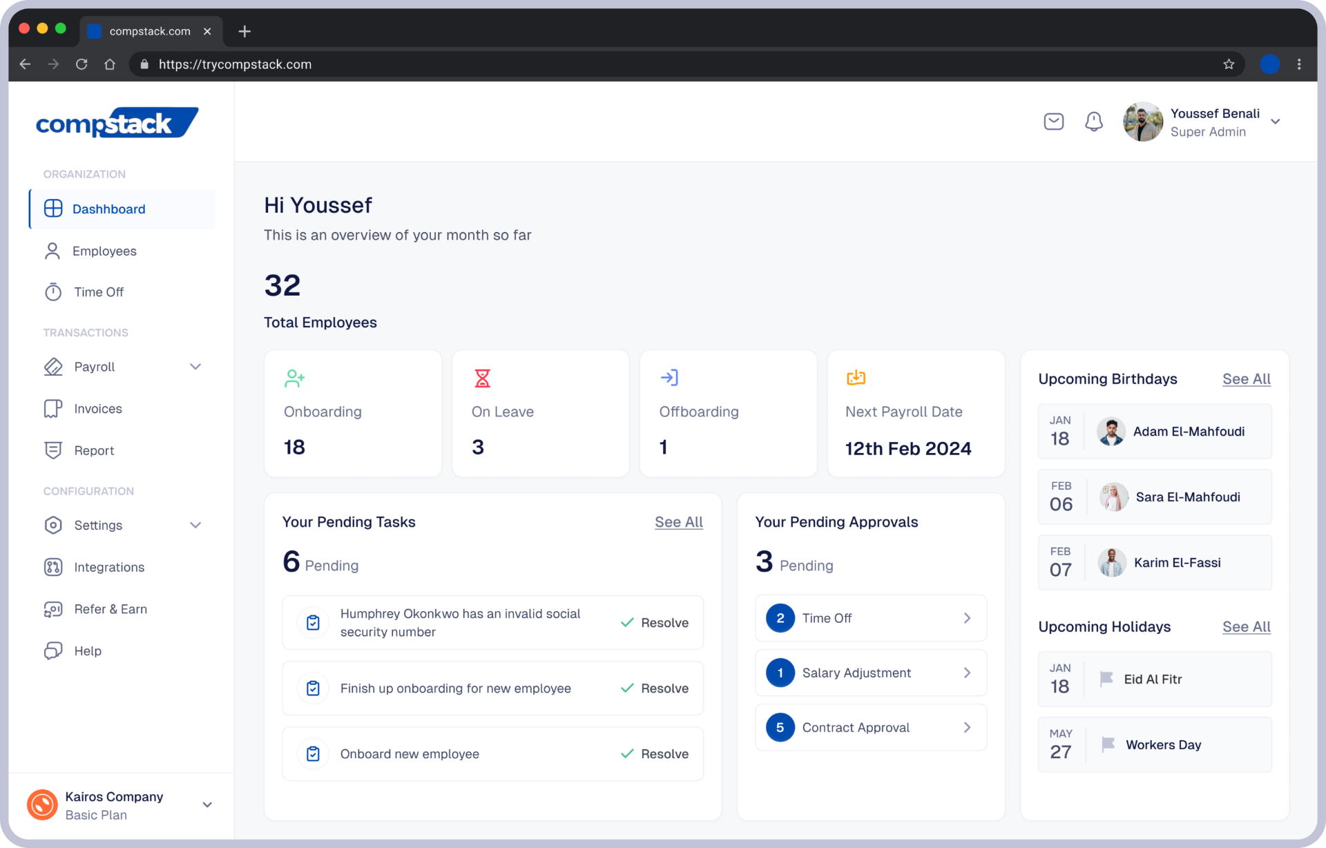 Compstack dashboard showing employees, payroll, time off and pending approvals
